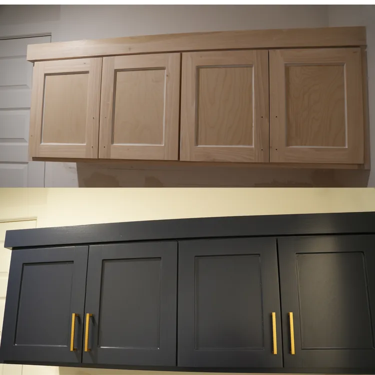 Bare wood shaker cabinets before and after a sprayed charcoal finish in a Houston, TX home by Merner's Painting & Decorating