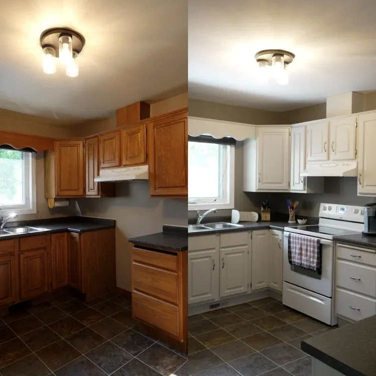 Oak kitchen cabinets before and after being painted white in a Houston, TX home by Merner's Painting & Decorating