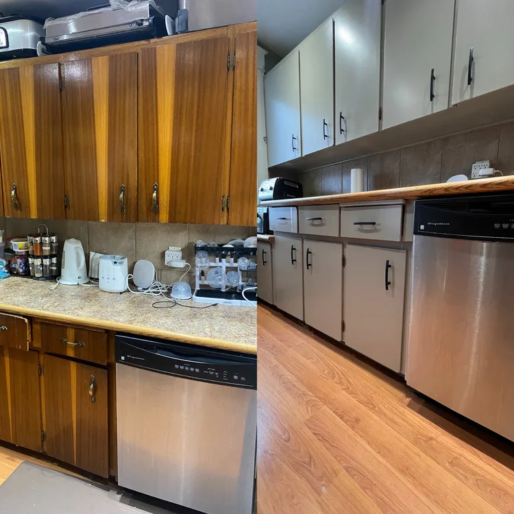 Dated wood-grain kitchen cabinets before, and after refinishing in a warm off-white, in Houston, TX