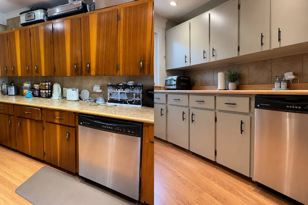 Dated wood-grain kitchen cabinets before, and after a cream refinish with black hardware, in a Houston, TX kitchen