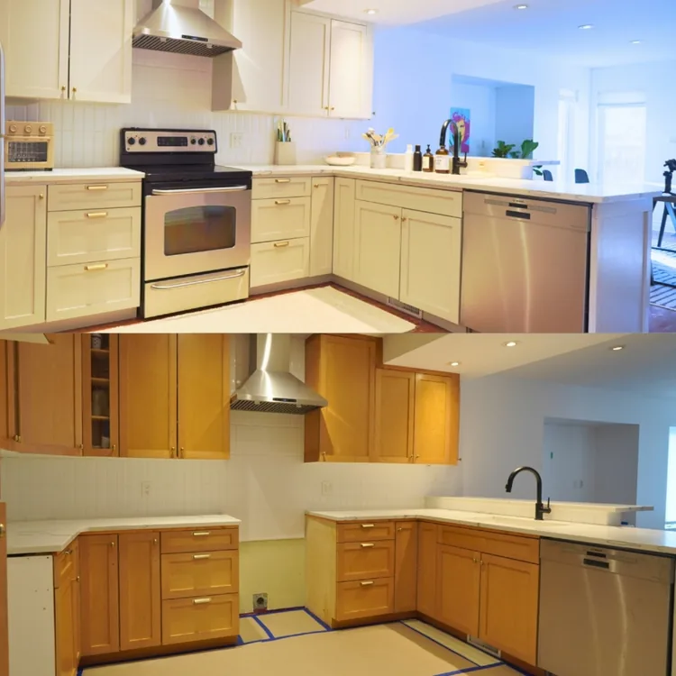 Maple kitchen cabinets before and after a cream refinish in a Houston, TX home by Merner's Painting & Decorating
