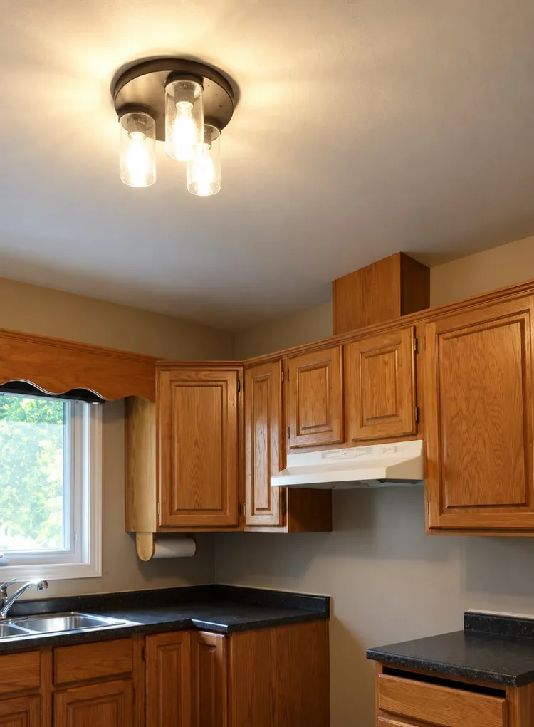 Honey oak raised-panel kitchen cabinets before painting, the kind of solid cabinets worth refinishing instead of replacing
