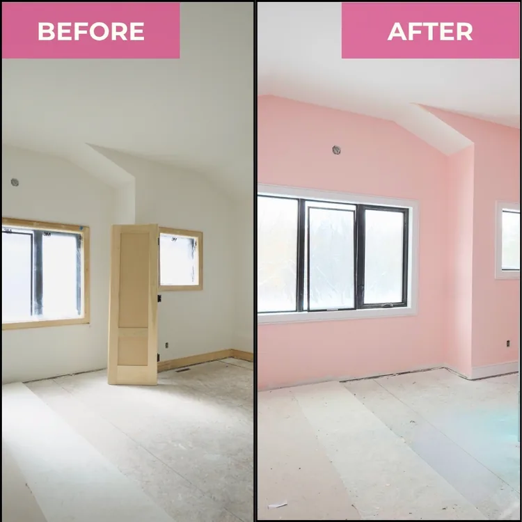 Living room before and after a soft pink accent wall with white ceiling and trim in a Houston, TX home by Merner's Painting & Decorating