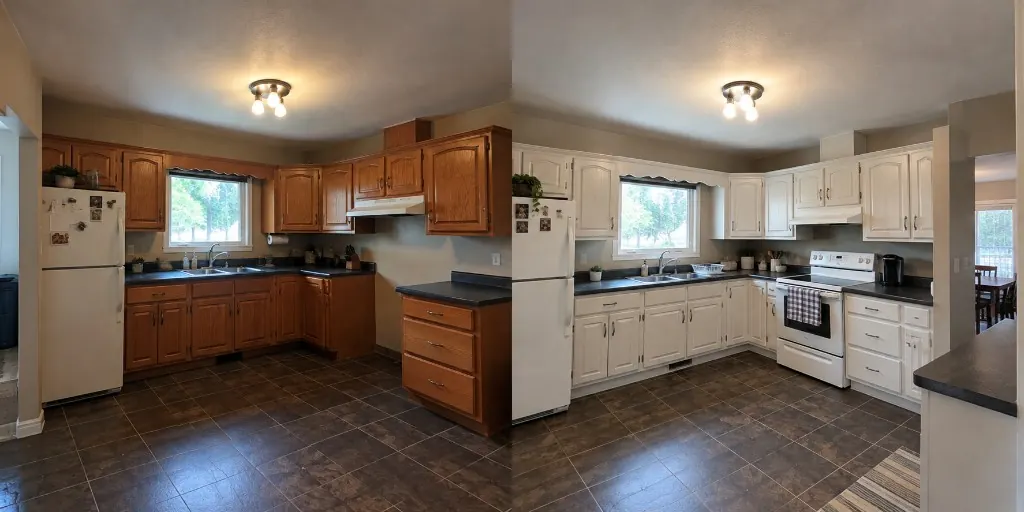 Kitchen cabinets before and after refinishing, oak to white, by Merner's Painting & Decorating in Houston, TX